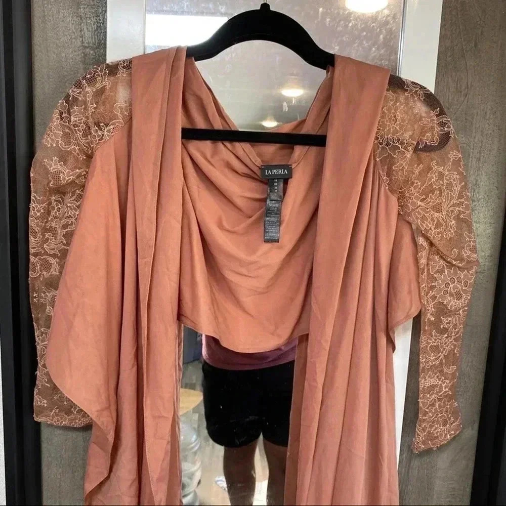 La Perla Wrap Blouse Top Dusty Rose Nude Draped Lace Sleeves Size 38 - Picture 3 of 6